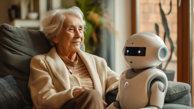 elderly woman talking to modern white robotic house helper