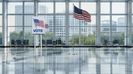 A white sign with the word Vote and a small American flag stands on the white tiled floor of a modern office building lobby