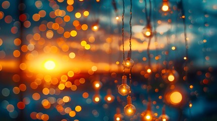 blurred light bokeh with palm trees background on sunset, yellow string lights with bokeh decor