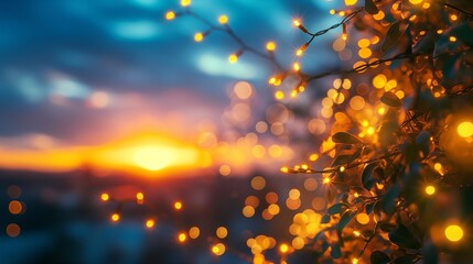 blurred light bokeh with palm trees background on sunset, yellow string lights with bokeh decor