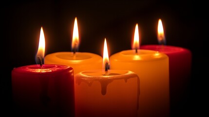 Burning candles on dark surface.