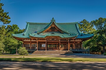  Large Wooden Temple with Green Roof Surrounded by Trees, Symmetrical Composition, Traditional Japanese Architecture, Bright Colors, Tranquil and Grand Scene