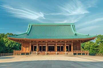 Obraz premium Large Wooden Temple with Green Roof Surrounded by Trees, Symmetrical Composition, Traditional Japanese Architecture, Bright Colors, Tranquil and Grand Scene