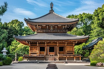 Obraz premium Large Wooden Temple with Green Roof Surrounded by Trees, Symmetrical Composition, Traditional Japanese Architecture, Bright Colors, Tranquil and Grand Scene