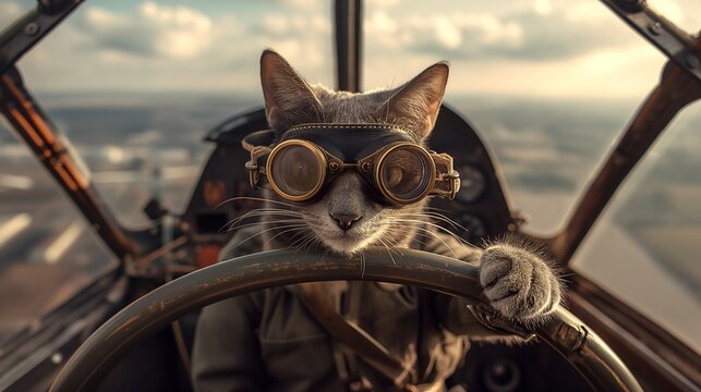Portrait of a vintage cat pilot with aviator glasses, airplane pilot