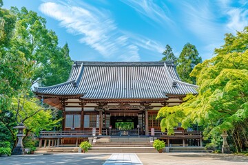  Large Wooden Temple with Green Roof Surrounded by Trees, Symmetrical Composition, Traditional Japanese Architecture, Bright Colors, Tranquil and Grand Scene