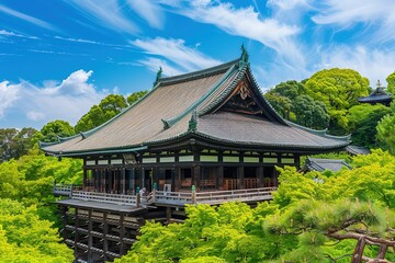 Fototapeta premium Large Wooden Temple with Green Roof Surrounded by Trees, Symmetrical Composition, Traditional Japanese Architecture, Bright Colors, Tranquil and Grand Scene