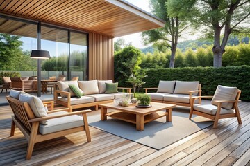 Fototapeta premium Modern outdoor living area has furniture and seating, in the style wood. Generative AI.
