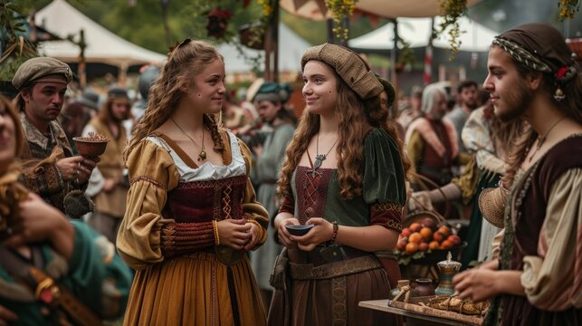 Participants at a Renaissance fair dressed in period costumes and engaging in crafts