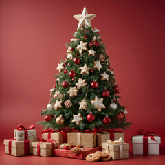 Christmas tree decorated with red and gold ornaments and cookies
