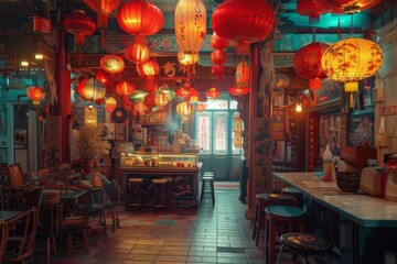 Naklejka premium Cozy tea house interior adorned with hanging red lanterns, creating a warm, cultural atmosphere