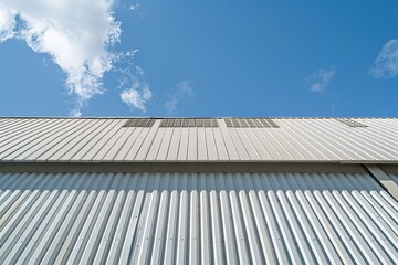 Close-Up of Industrial Building Roof with Light Brown Tiles and White Vertical Stripes Against Blue Sky with Clouds