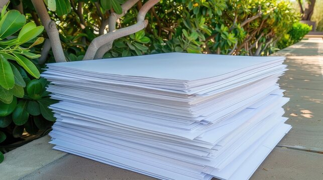 A large stack of white paper sits on a concrete path near some green bushes
