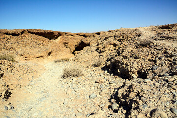 Desert hot arid landscape. Large yellow stones are scattered around the area