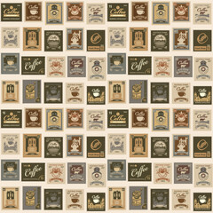 Seamless pattern on the theme of coffee and coffee house. Repeating vector background with various postage stamps in retro style. Suitable for wallpaper, wrapping paper, fabric, package.