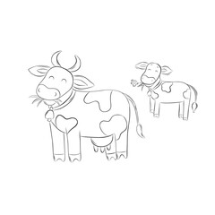 Sketch cute cow with calf. Farm animals. Simple children's vector illustration in doodle style