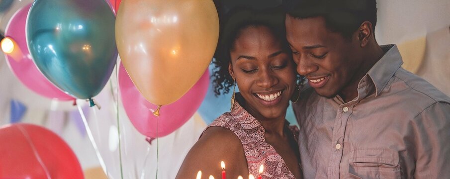 Portrait of african-american couple celebrating birthday or anniversary on balloons background. Man and woman happy smiling on b-day party with cake. Banner for Valentine Day, family holiday, date.