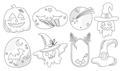 Fototapeta premium Set of isolated Halloween decoration elements for sticker, badge, tag or label in cute graphic illustration style on transparent background, Volume 5: Black outline style.