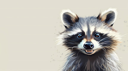 Obraz premium Whimsical illustrated raccoon with expressive eyes and a playful smile against a light background.