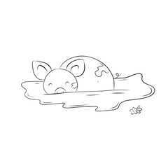 Sketch of a cute pig bathing in mud. Simple children's vector illustration in doodle style