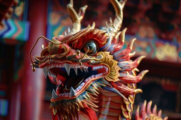 Obraz premium Closeup of a vibrant red and gold dragon sculpture at an asian temple, symbolizing power and tradition