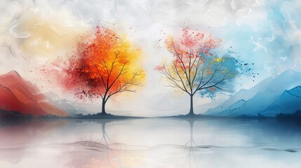 Vibrant abstract painting of two trees with colorful leaves reflecting in water, symbolizing contrast and balance in nature.