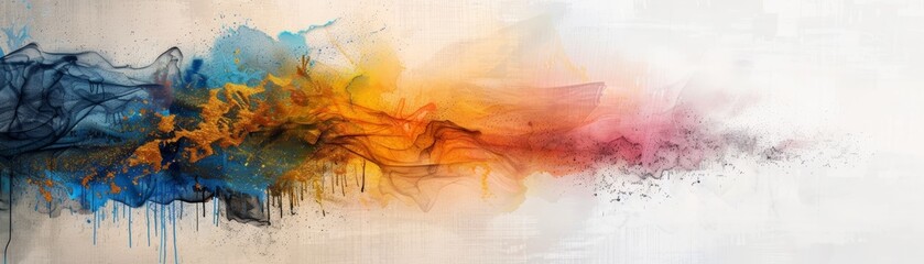 Abstract colorful painting with vibrant blues, oranges, and pinks blending into a white  evoking creativity and inspiration.