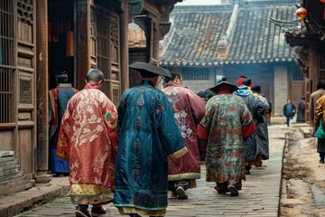 Fototapeta premium Group of people dressed in historic chinese garments walks through an old village street