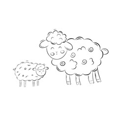 Sketch of a sheep with a lamb. Simple vector children's illustration in doodle style