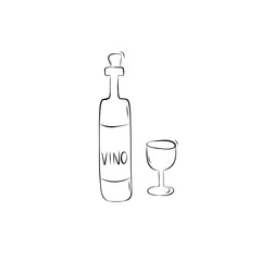 Sketch of a wine bottle with a glass. Simple vector illustration in doodle style