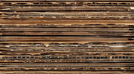 A close-up shot of a stack of brown corrugated cardboard sheets. The sheets are stacked on top of each other, revealing the intricate pattern of the cardboard