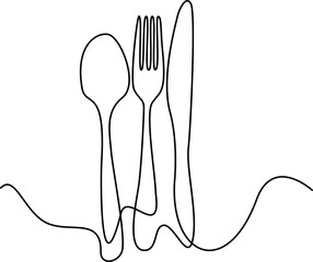 Knife and fork, spoon icon. One line continuous drawing. Hand drawn. Editable stroke. Perfect for Cooking, kitchen and table banner, logo, outline print, graphic design, banner, card, brochure, 