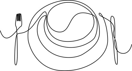 Knife and fork, spoon icon. One line continuous drawing. Hand drawn. Editable stroke. Perfect for Cooking, kitchen and table banner, logo, outline print, graphic design, banner, card, brochure, 