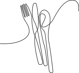 Knife and fork, spoon icon. One line continuous drawing. Hand drawn. Editable stroke. Perfect for Cooking, kitchen and table banner, logo, outline print, graphic design, banner, card, brochure, 