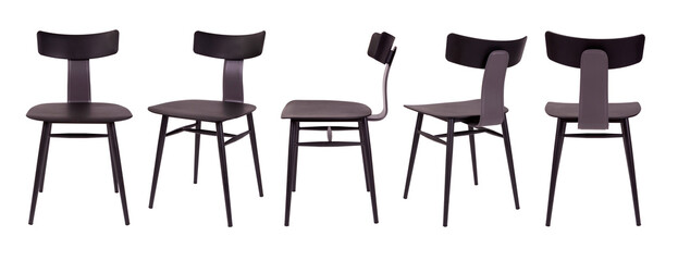 Set of black chairs. Metal and black leather. Isolated set of black chairs on white background. Metal chairs upholstered in black leather. Modern black chairs design.