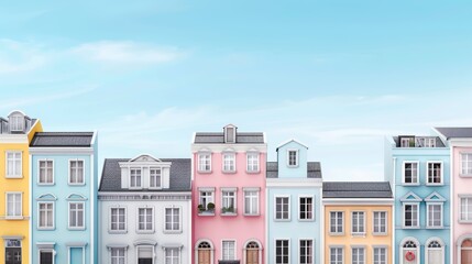 Fototapeta premium Colorful row of charming pastel houses against a blue sky, showcasing unique architecture in a vibrant urban neighborhood.