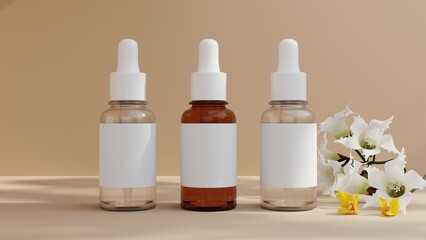 Set of glass serum bottles with droplet 3d rendered mockup. Trendy background with natural cosmetic skincare bottle