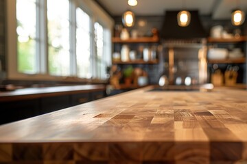 Wood table top on blur kitchen counter room background. For presenting products.