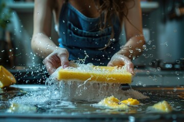 Close-up of Person Washing Dishes with Yellow Sponge and Suds in Kitchen