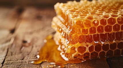 Honeycomb, with golden honey glistening in the cells
