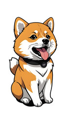 Fototapeta premium This is a cartoon illustration of a happy Shiba Inu dog. It has a fluffy tail curled over its back, brown and white fur, and is wearing a black collar.