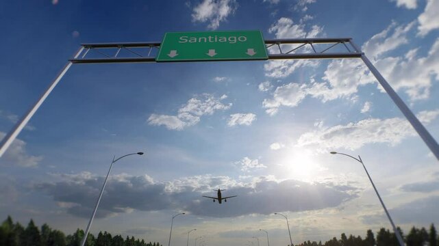 Santiago City Road Sign - Airplane Arriving To Santiago Airport Travelling To Chile