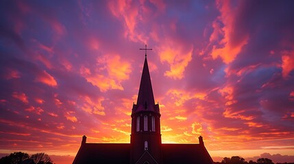 Obraz premium A church steeple with a cross at the top, reaching towards a dramatic sunset sky, the colors creating a stunning backdrop for the elegant architecture,