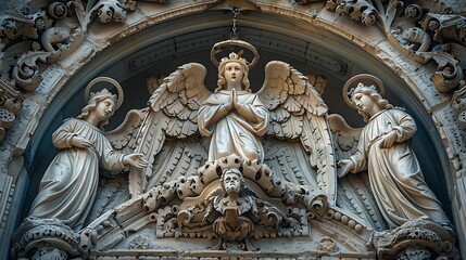 Obraz premium A close-up of a church facade's architectural details, featuring ornate stone carvings of angels and religious symbols, the texture of the weathered stone visible,