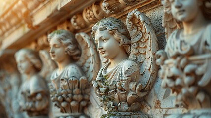 Fototapeta premium A close-up of a church facade's architectural details, featuring ornate stone carvings of angels and religious symbols, the texture of the weathered stone visible,