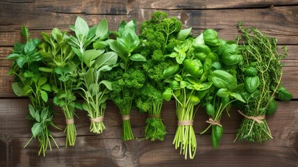Fototapeta premium Fresh herbs, such as basil, parsley, cilantro, and thyme, on a rustic wooden table