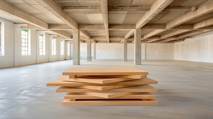 Fototapeta premium Stacked lumber beams sit on the ground at a new home construction site
