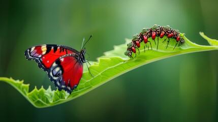 Fototapeta premium Red butterfly, from caterpillar to chrysalis to fully emerged butterfly, perched on a green leaf