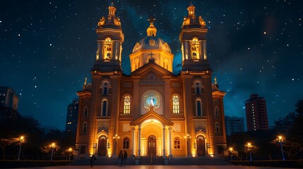 Fototapeta premium A majestic church illuminated at night, the facade glowing with soft golden lights, intricate architectural details visible, a dark, starry sky in the background, the church standing tall and serene,