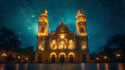 Obraz premium A majestic church illuminated at night, the facade glowing with soft golden lights, intricate architectural details visible, a dark, starry sky in the background, the church standing tall and serene,